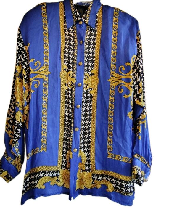 Aris.A Tops - VTG 80s 90s Aris A 100% Silk Baroque Houndstooth Blouse L Royal Blue Gold...